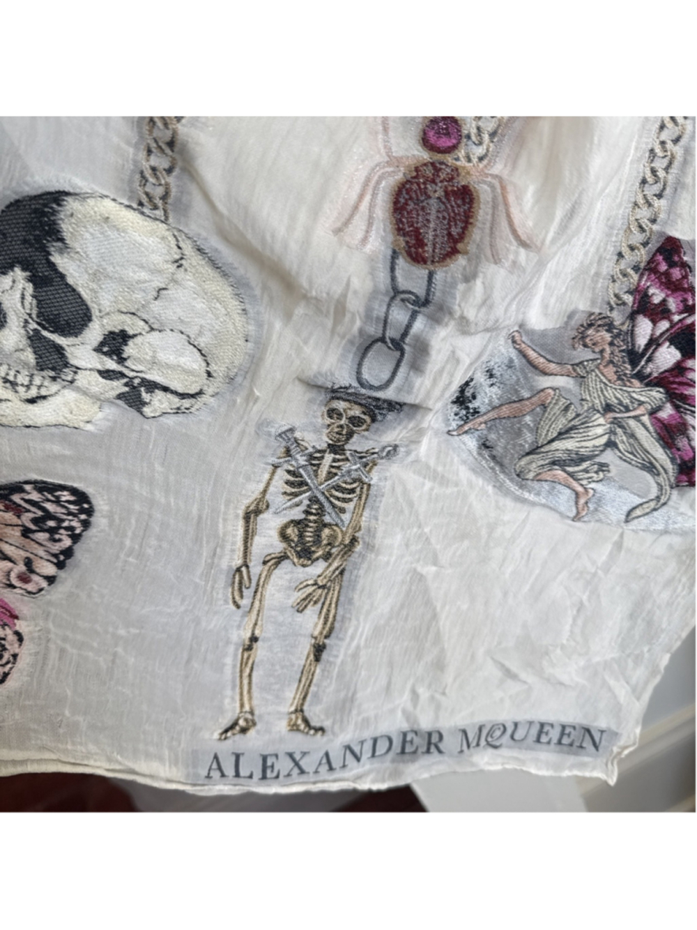 Alexander McQueen Silk Blend Scarf Wrap Fairy Chains Skeletons Butterfly Skull - Picture 7 of 11